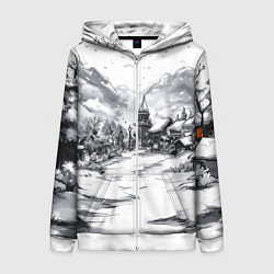 Толстовка на молнии женская Город в снегу перед новым годом, цвет: 3D-белый