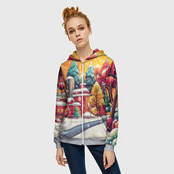 Толстовка на молнии женская Новогодний город в оранжевых оттенках, цвет: 3D-меланж — фото 2