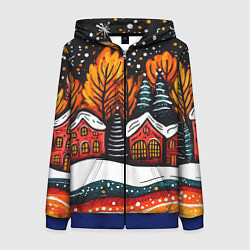 Толстовка на молнии женская Новогоднее настроение - домики и елки, цвет: 3D-синий