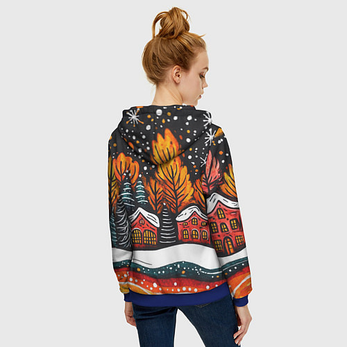 Женская толстовка на молнии Новогоднее настроение - домики и елки / 3D-Синий – фото 4