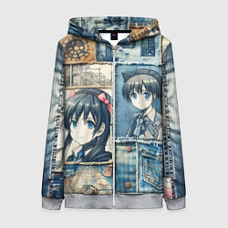 Толстовка на молнии женская Пэчворк деним и аниме, цвет: 3D-меланж