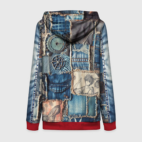 Женская толстовка на молнии Аниме пэчворк деним / 3D-Красный – фото 2