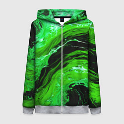 Женская толстовка на молнии Зелёные брызги на чёрном фоне