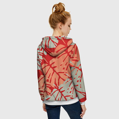 Женская толстовка на молнии Отпечатки монстеры на красном / 3D-Белый – фото 4