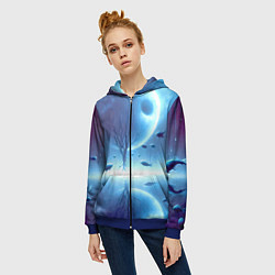 Толстовка на молнии женская Луна и рыбы - нейроарт фантазия, цвет: 3D-синий — фото 2