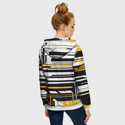 Женская толстовка на молнии Жёлто-белые технологические линии на чёрном фоне / 3D-Белый – фото 4