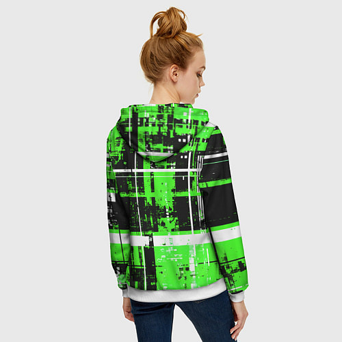 Женская толстовка на молнии Зелёно-белый гранж на чёрном фоне / 3D-Белый – фото 4