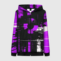Женская толстовка на молнии Фиолетово-белый гранж на чёрном фоне