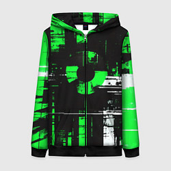 Женская толстовка на молнии Зелёно-белый гранж на чёрном фоне