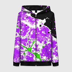Женская толстовка на молнии Зелёно-фиолетовая абстракция на чёрном фоне