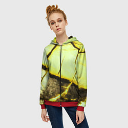 Толстовка на молнии женская Трещины на абстрактном жёлтом фоне, цвет: 3D-красный — фото 2