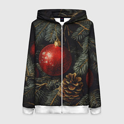 Толстовка на молнии женская Красные новогодние шары с шишкой, цвет: 3D-белый