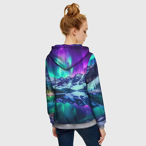 Женская толстовка на молнии Северное сияние над горами - неоновое свечение / 3D-Меланж – фото 4