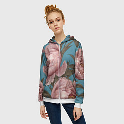 Толстовка на молнии женская Розовые пионы на голубом, цвет: 3D-белый — фото 2