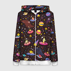 Толстовка на молнии женская Мультяшные космические обитатели, цвет: 3D-белый