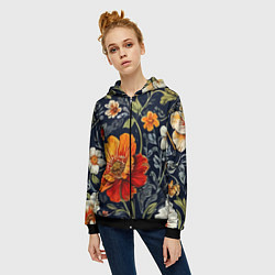 Толстовка на молнии женская Маки и пионы старинный паттерн, цвет: 3D-черный — фото 2