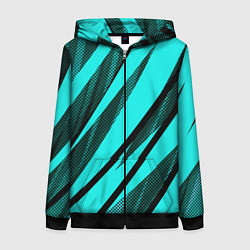 Толстовка на молнии женская Неоновый голубой с чёрным абстракция с полосами, цвет: 3D-черный