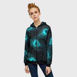 Толстовка на молнии женская Светящиеся перья павлина паттерн, цвет: 3D-черный — фото 2