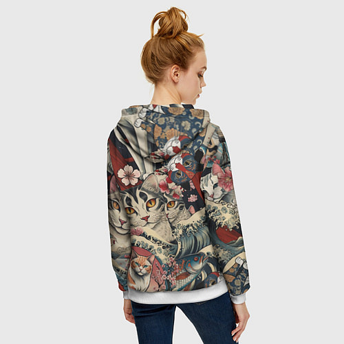Женская толстовка на молнии Котики и рыбки в сакуре / 3D-Белый – фото 4