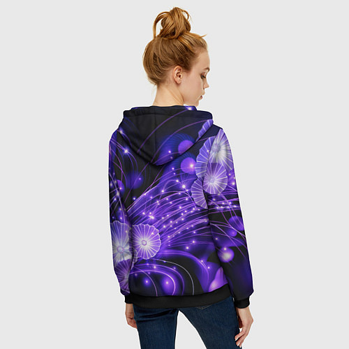Женская толстовка на молнии Силуэты цветов на темном фоне - фиолетовое свечени / 3D-Черный – фото 4