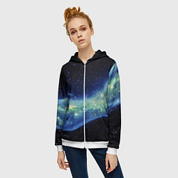 Толстовка на молнии женская Синяя волна с зеленым оттенком на черном, цвет: 3D-белый — фото 2