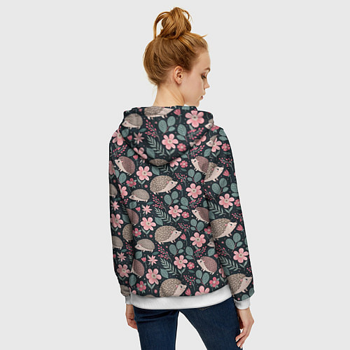 Женская толстовка на молнии Ёжики в цветах / 3D-Белый – фото 4