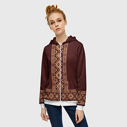 Толстовка на молнии женская Золотой узор на бордовом - вышиванка рубаха, цвет: 3D-белый — фото 2