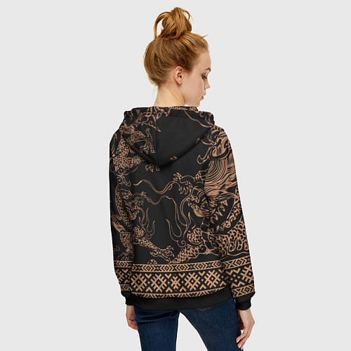 Женская толстовка на молнии Золотой дракон с узорами славянскими / 3D-Черный – фото 4