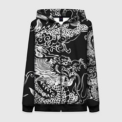 Толстовка на молнии женская Белый дракон на черном, цвет: 3D-черный
