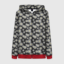 Толстовка на молнии женская Белые цветы ромашки на черном в мелкий горошек, цвет: 3D-красный