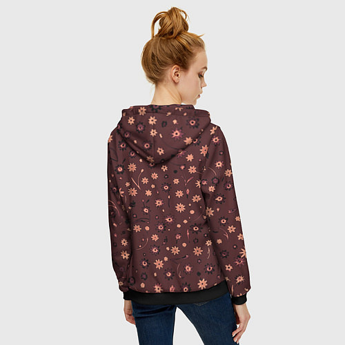 Женская толстовка на молнии Паттерн абстрактные цветы тёмный красно-розовый / 3D-Черный – фото 4