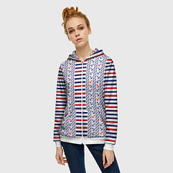 Толстовка на молнии женская Полосатый морской орнамент с якорями, цвет: 3D-белый — фото 2