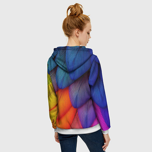 Женская толстовка на молнии Радужные перья попугая / 3D-Белый – фото 4