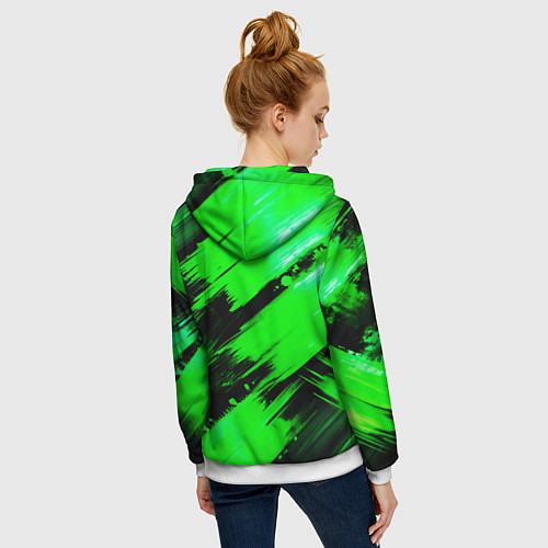 Женская толстовка на молнии Зеленые мазки краски на черном / 3D-Белый – фото 4