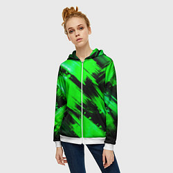 Толстовка на молнии женская Зеленые мазки краски на черном, цвет: 3D-белый — фото 2