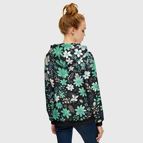 Женская толстовка на молнии Чёрный в зелёный цветочек стилизованный / 3D-Черный – фото 4