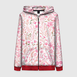 Толстовка на молнии женская Белый в розовый цветочный паттерн, цвет: 3D-красный
