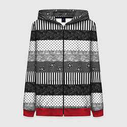 Толстовка на молнии женская Черно белый полосатый узор из лоскутов, цвет: 3D-красный