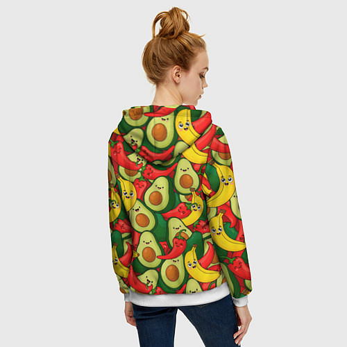 Женская толстовка на молнии Авокадо, бананы, перцы чили улыбаются - паттерн фр / 3D-Белый – фото 4