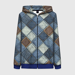 Толстовка на молнии женская Джинсовый пэчворк ромбовый узор, цвет: 3D-синий