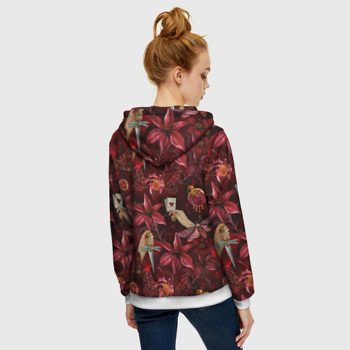 Женская толстовка на молнии Бордовая готика с сердцем, лилиями и мотыльками / 3D-Белый – фото 4