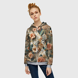 Толстовка на молнии женская Цветы на кусках мрамора и леопардовом узоре, цвет: 3D-меланж — фото 2