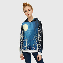 Толстовка на молнии женская Полнолуние и берёзы акрилом, цвет: 3D-белый — фото 2