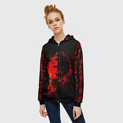 Толстовка на молнии женская Клинок, рассекающий демонов Танджиро и иероглифы, цвет: 3D-черный — фото 2