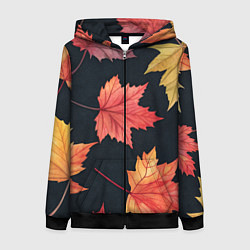 Женская толстовка на молнии Кленовые листья на черном - акварельный паттерн
