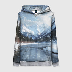 Толстовка на молнии женская Снежный горный пейзаж с елями и рекой, цвет: 3D-меланж