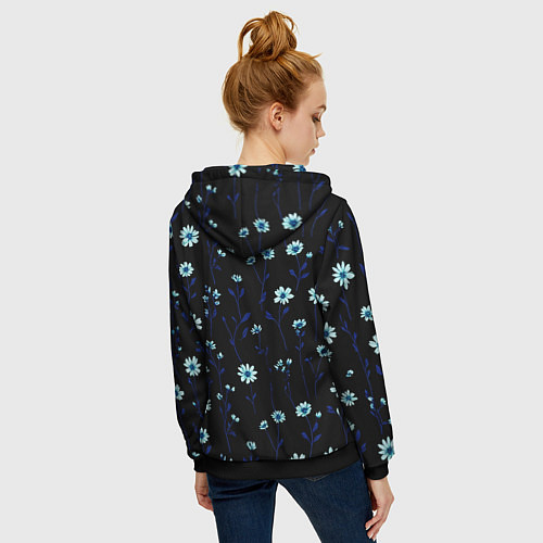 Женская толстовка на молнии Паттерн с маленькими синими цветами / 3D-Черный – фото 4