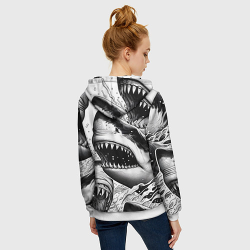 Женская толстовка на молнии Белая акула - стая / 3D-Белый – фото 4