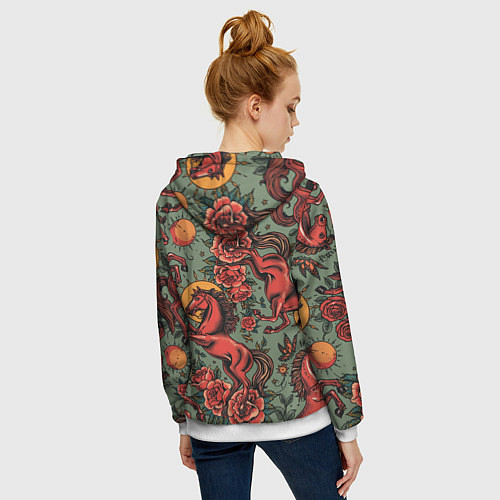 Женская толстовка на молнии Красный конь и розы / 3D-Белый – фото 4