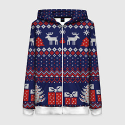 Толстовка на молнии женская Новогодний вязаный паттерн, цвет: 3D-белый